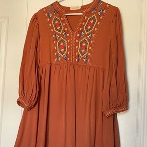 Solitaire Embroidered Rust Boho Mini Dress | Folk Floral | M
